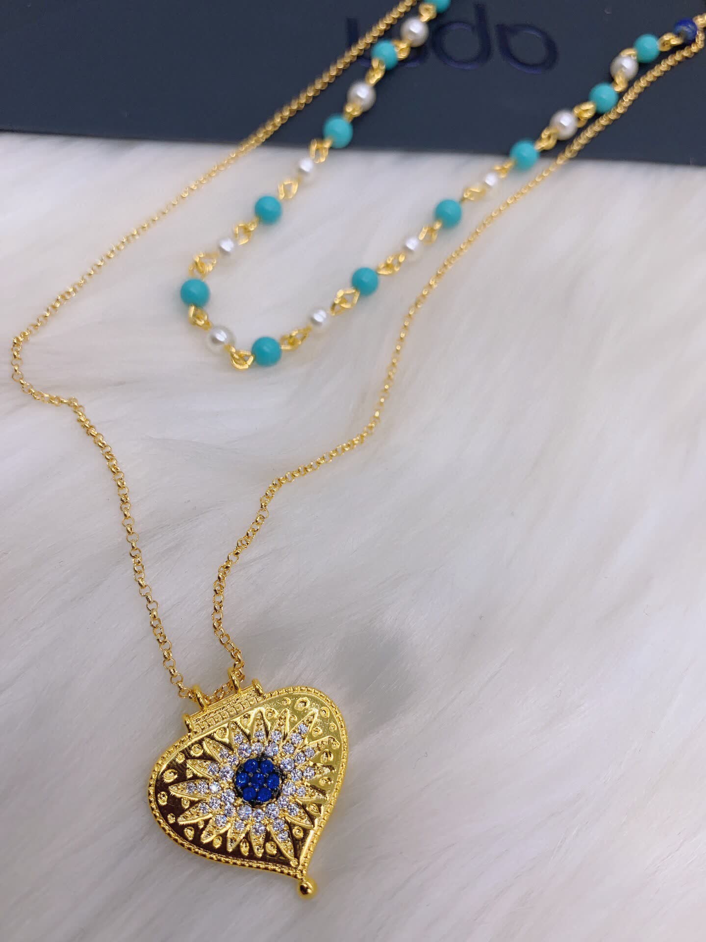 APM Monaco Elegant Double Layered Gold Plated Necklace with Turquoise and Pearl Beads